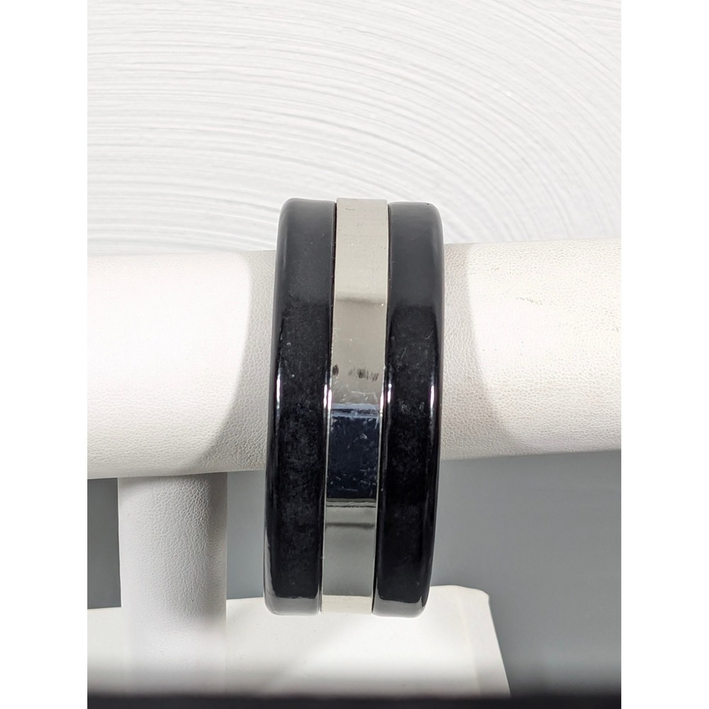 Black Acrylic Bangle Bracelet‎ Wide Chunky Silver Tone Inlay 8 in